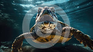 Portrait of a sea turtle swimming underwater in the ocean, underwater world. Generative AI