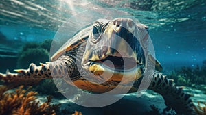 Portrait of a sea turtle swimming underwater in the ocean, underwater world. Generative AI