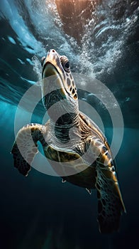 Portrait of a sea turtle swimming underwater in the ocean, underwater world. Generative AI
