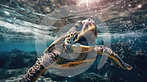 Portrait of a sea turtle swimming underwater in the ocean, underwater world. Generative AI