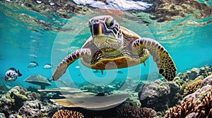 Portrait of a sea turtle swimming underwater in the ocean, underwater world. Generative AI