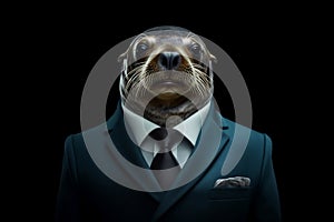 Portrait of a Sealion dressed in a formal business suit