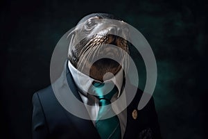 Portrait of a Sealion dressed in a formal business suit