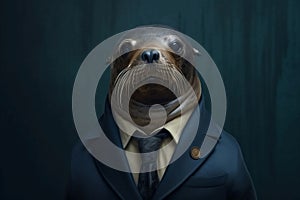 Portrait of a Sealion dressed in a formal business suit