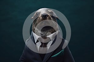 Portrait of a Sealion dressed in a formal business suit