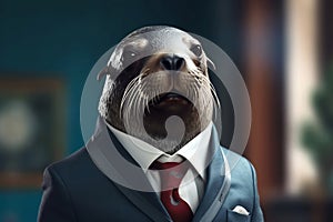 Portrait of a Sealion dressed in a formal business suit