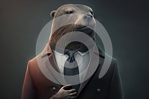 Portrait of a Sealion Dressed in a Formal Business Suit, The Elegant Boss Sealion, created with generative AI