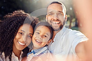 Portrait, selfie and happy family in a park, relax and smiling while taking a picture and bonding in nature. Love, smile