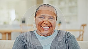 Portrait of senior black woman with smile in home, relax with wellness and pride on couch in apartment. Retirement