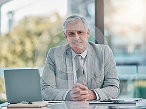 Portrait of senior business man at desk working for office leadership, career mindset and company management. Happy face