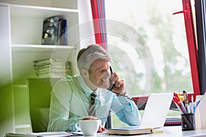 Portrait of a senior business man working in his office, he is making a telephone call and he is smiling