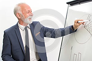 Portrait of senior businessman giving a flipchart presentation to his business colleagues in boardroom