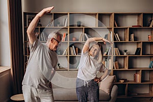 Portrait of a Senior Couple Doing Gymnastics and Yoga Stretching Exercises Together at Home on Sunny Morning. Concept of