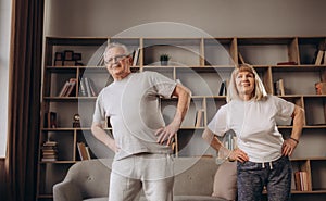 Portrait of a Senior Couple Doing Gymnastics and Yoga Stretching Exercises Together at Home on Sunny Morning. Concept of