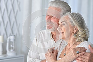 Portrait of senior couple hugging at home