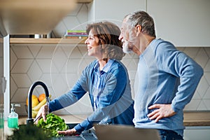 A portrait of senior couple indoors at home, cooking.