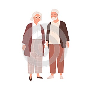 Portrait of senior couple of old people isolated on white background. Aged man and woman standing together. Colored flat