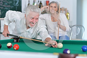 Portrait of senior couple playing billiard together