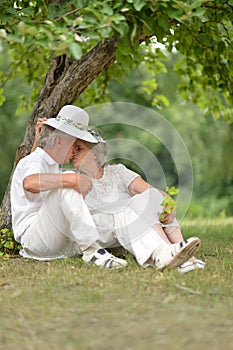 Portrait of senior couple sitting on grass