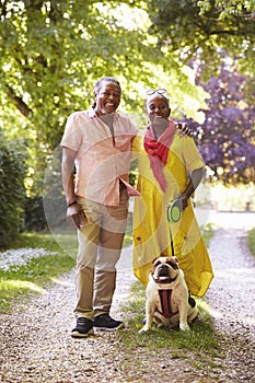 Portrait Of Senior Couple Walking Pet Bulldog In Countryside