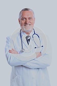 Portrait of a senior doctor isolated on white background.