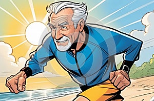 portrait of a senior elderly caucasian guy running, wearing sports wear, natural background, active lifestyle, healthy
