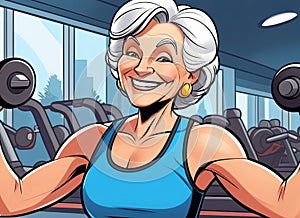 portrait of a senior elderly lady wearing sports wear, gym background, active lifestyle, healthy wellbeing