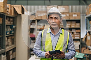 Portrait senior engineer happy working inventory manager. Southeast Asian adult male worker standing in factory store warehouse