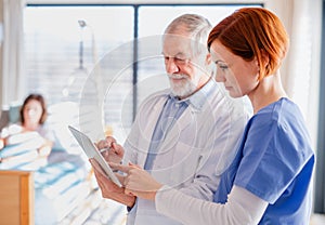 Portrait of senior male doctor standing in hospital room, talking to a nurse.