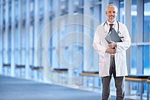Portrait, senior man and doctor with a document, hospital and file with a smile, information and healthcare. Face