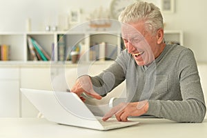 Portrait of senior man with laptop at home