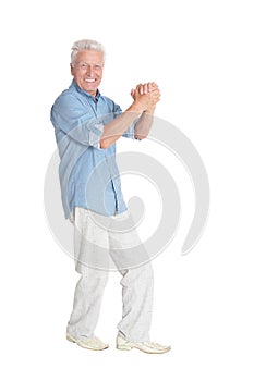 Portrait of senior man showing hand shake gesture isolated on white background