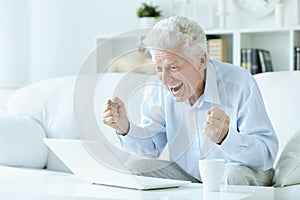 Portrait of senior man using laptop at home