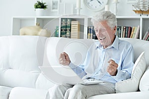 Portrait of senior man using laptop at home