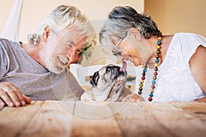 Portrait of senior mature caucasian people  couple with funny pet pug dog kissing and having. fun together with love and happiness