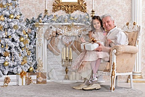 Senior man with granddaughter sitting in armchair