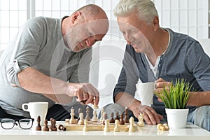 Portrait of senior men playing chess at home