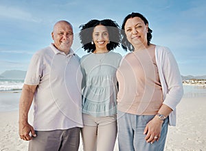 Portrait of senior parents with happy woman at ocean, smile and embrace on tropical summer holiday in Australia. Beach