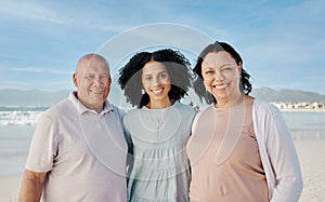 Portrait of senior parents with woman on beach, smile and embrace on tropical summer holiday in Australia. Ocean