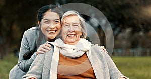 Portrait, senior woman and outdoor with caregiver, nurse or healthcare service for person with a disability and