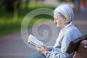 Portrait of senior woman reading book in park