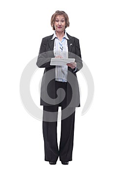 Portrait of senior woman touching digital tablet