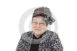 Portrait of senior woman on a white background