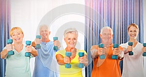 Portrait of seniors exercising with weights
