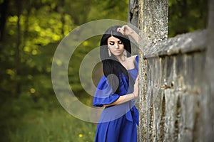 Portrait Of Sensual Fashion Woman In Blue Dress Outdoor