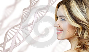 Portrait of sensual woman among white DNA chains.