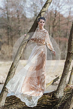 Portrait of sensual young woman wearing elegant dress in a coniferous forest.