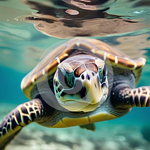 A portrait of a serene sea turtle swimming calmly in the ocean3