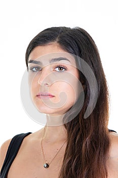 Portrait serious beauty young woman with dark long hair brown on white background