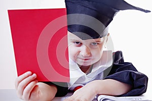 Portrait of serious child girl judge lawyer with red card as s photo